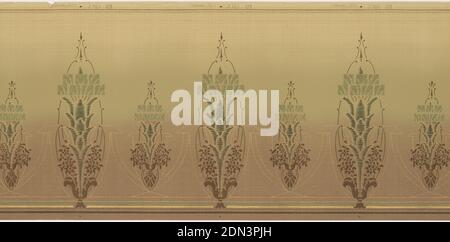 Frieze, Maxwell & Co., S.A., Chicago, Illinois, USA, Machine-printed paper, Repeating, stylized tall buds connected by delicate swags of gilded dots. Printed in tan, light green, forest green and gilt., USA, 1905–1915, Wallcoverings, Frieze Stock Photo