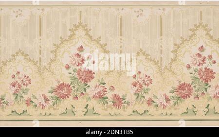 Frieze, Machine-printed paper, An elegant garland of pink peonies is festooned across the bottom of the panel and highlighted by a foliate scrollwork border. A lace-like pattern with vertical striations covers the top of the panel. This design is printed in shades of pink, green and gold on a beige background., USA, 1905–1915, Wallcoverings, Frieze Stock Photo