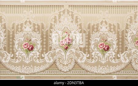 Frieze, Machine-printed paper, Pink roses set within medallion containing foliate and floral motifs. Tall medallions alternate with shorter medallions. Swags are suspended beneath the medallions. Printed in pink, white, green and brown on tan paper., USA, 1905–1915, Wallcoverings, Frieze Stock Photo