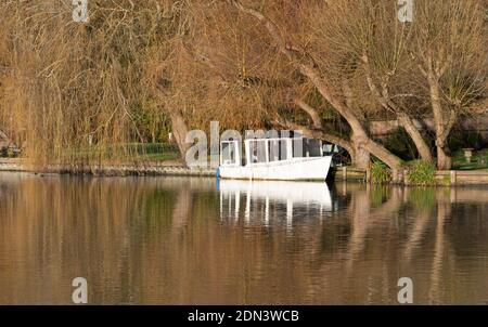 Vista della barca ormeggiata sulla riva del Tamigi a Cookham, Berkshire, Regno Unito. Fotografato in una fredda giornata di sole inverno con alberi riflessi nella r Foto Stock