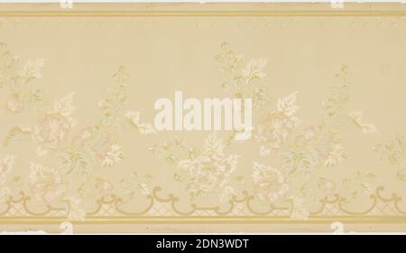 Frieze, Machine-printed paper, liquid mica, Very stylized floral deisgn, printed in very muted, subtle colors on tan ground. Scalloped trellis along bottom edge., USA, 1905–1915, Wallcoverings, Frieze Stock Photo