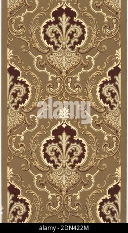 Sidewall, Standard Wall-Paper Company, Standard Wall-Paper Company, Pittsburgh, Pennsylvania, Machine-printed paper, Foliate medallion design. Medallion surrounded by layers of scrolling foliage. Printed in metallic gold, burgundy on tan ground., Pittsburgh, Pennsylvania, USA, 1905–1915, Wallcoverings, Sidewall Stock Photo