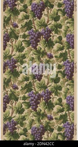 Parete laterale, Standard Wall-Paper Company, Standard Wall-Paper Company, Sandy Hill, New York, carta stampata a macchina, grandi grappoli di uva viola, appesi su viti molto dense e fogliame sfondo. Per sale da pranzo., Sandy Hill, New York, USA, 1905–1915, Wallcoverings, parete laterale Foto Stock