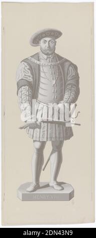 Henry VIII, Jules Desfossé, French, active 1851 - 1863, Block-printed paper, Series of eight panels, each with British ruler, full length, in grisaille. Henry VIII, reigned 1509-47., England, 1881–1882, Wallcoverings, Decorative panel, Decorative panel Stock Photo