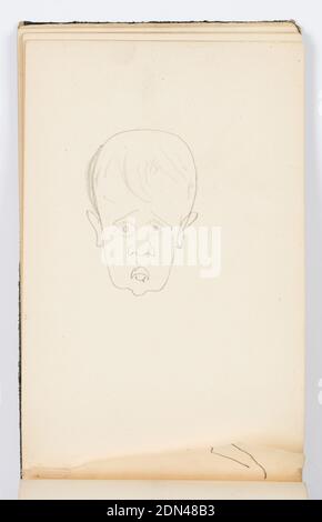 Sketchbook pagina: Head, Kenyon Cox, americano, 1856–1919, grafite su carta, caricatura di un volto con una palpebra goffa e prominente., USA, 1883, album (rilegati) e libri, Sketchbook folio, Sketchbook folio Foto Stock