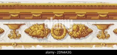 Bordo, stampato a blocchi su carta fatta a mano, stampaggio architettonico con dentelli su urne e maschere a leone stampate su terreno bianco marbleizzato., 1825–35, Wallcoverings, Border Foto Stock