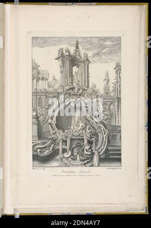 Fontana con una Cartouche e gli edifici, Pierre Edme Babel, francese, ca. 1720-1775, Pierre Edme Babel, francese, ca. 1720-1775, Jacques Chéreau, francese, 1688–1776, incisione su carta biancastra, disegno di fontane in forma di cartouche e mostra gli edifici sullo sfondo, Francia, 1700–1775, architettura, Stampa Foto Stock