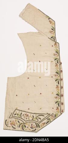 Waistcoat, Medium: silk, metallic thread, metal sequins Technique: embroidered, Right front of man's waistcoat in cream-colored silk with multicolored floral embroidery down the front and along the bottom. In a cutaway style with wide standup collar and pointed pocket flaps. Body of the waistcoat is decorated with sequins and single leaves., France, ca. 1775, costume & accessories, Waistcoat Stock Photo