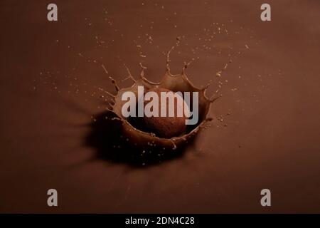 delizioso tartufo al cioccolato che si spruzzi nel latte al cioccolato Foto Stock