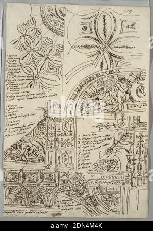 Studi decorativi di soffitti con grottesco; Studi di Monumento con sede papale, Sisto V, Felice Giani, Italiano, 1758–1823, penna e inchiostro su grafite su carta crema, recto: Cinque studi di soffitti con grottesco; studio di monumento con sigillo papale di Sisto V. verso: Tre studi anatomici di bracci, figura del profilo e profilo del braccio, Italia, 1814–18, disegno grafico, disegno Foto Stock