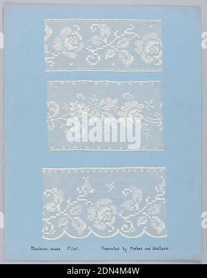 Esempio di pagina del libro, Medium: Cartone, lino, seta, tecnica metallica: Ricamo di lino con tessuto macinato sciolto esempi di ricamo su rete prodotto dalla macchina Schiffli ricamo metallico su rete apertura a macchina imitando la rete ricamata a mano per lo più floreale e alcuni motivi geometrici, Alcuni disegni descritti come 'panish' Imitazione Filetto fatto a mano Filetto macchina Imitazione Filetto crochet Ploven (merletto bruciato) Pizzo a tenda Fancy fatto sulle leve macchine Filetto reale (fatto a mano) accanto a Filetto fatto a macchina reti a tenda a puntini, fatto principalmente a Nottingham, Inghilterra e Caudry Foto Stock