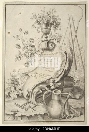 Title Page, from 'Livre de Fleurs...', Gilles Demarteau, Belga, attivo in Francia, 1722 – 1776, Louis Tessier, Francese, 1719 - 1781, incisione su carta in un modo di pastello, in un giardino, una tavoletta barocca, sormontata da un vaso con fiori., Francia, ca. 1750, Stampa Foto Stock