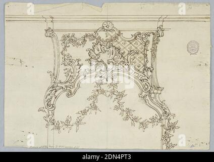 Design per la cresta di uno specchio con suggerimenti alternativi, gesso nero, penna e inchiostro su carta, Design per la cresta di uno specchio. Scorrimento foglie di acanto e ghirlande floreali. Al centro, un rocaille asimmetrico., Italia, 1740–1775, interni, disegno Foto Stock