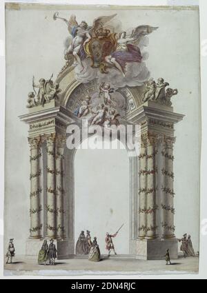 Porta al Tempio degli Imen, Padiglione eretto nel luogo Dauphin, Parigi, Francia, Charles-François Hutin, francese, 1715 - 1776, penna e inchiostro nero, pennello e acquerello, gouache bianco (ossidato), su grafite su carta spessa wove bianca, UN grande cancello ad arco con colonne su entrambi i lati avvolte con ghirlande decorate. Gruppi di putti sculture in cima a ogni set di colonne che contengono schermi, archi e frecce. Al centro superiore dell'arco, un'apparizione di figure angeliche alate seduti su nuvole, figure maschili e femminili in cima uno stemma fiancheggiante e biglie soffianti. Foto Stock