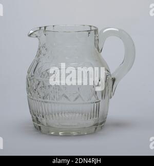 Jug, Glass, Circular body, flat base, tapered neck, small pouring spout, loop handle, sides faceted at bottom edge, above that a row of this vertical fluting, a row of diamonds filled alternately with 6-pointed stars or small diamonds, a row of wide facets, around the neck hollow faceting, the top rim fluted., Europe, early 19th century, glasswares, Decorative Arts, Jug Stock Photo