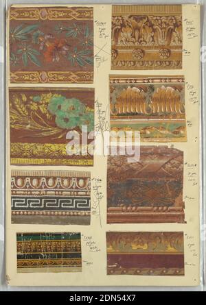 Bordo, stampato su carta, otto campioni di bordi per carta da parati, inclusi modanature architettoniche, motivi floreali, torsione del nastro, bordatura, Francia, 1820–50, Wallcoverings, bordo Foto Stock