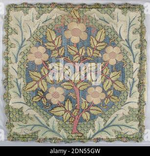 Rose Wreath, William Morris, (British, 1834–1896), Annie-May Hegeman, American, 1859 - 1948, Medium: Cotone, cotone mercerizzato tecnica: Tessitura semplice ricamata con running (darning), gambo, punti di couching, lavoro posato su raso di superficie, disegno di gambo di rosa fiorito circondato da corona di foglie di quercia. Rifinito su tutti e quattro i lati con frange nei colori utilizzati nel ricamo., Inghilterra, fine del 19 ° secolo, ricamo e cuciture, Cover cuscino, Cover cuscino Foto Stock