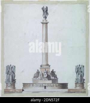 Progetto: L'elevazione di un monumento della Vittoria, Giuseppe Valadier, italiano, 1762–1839, matita. Pennello, vari acquerelli. Carta, rettangolo verticale. Simile 1901-39-2190. Le figure in piedi accanto a quelle laterali sedute sono omesse. Le donne sono sedute. Che nella parte anteriore è fiancheggiata da Barbars. I piedistallo dei panoplies sono stati potenziati e mostrano figure in rilievo. Le proporzioni sono cambiate., Italia, ca. 1820, architettura, disegno Foto Stock