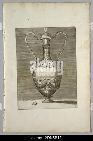 Vaso (piastra 2 della serie a), Enea Vico, italiano, 1523–1567, inchiostro nero su carta, rettangolo verticale. Urna coperta con due manici composta da capelli di muratori. Ghirlande e paludi sul corpo. Iscritto sotto: 'ROMAE AB ANTIQVO REPERTVM MD XXXXIII' e 'A. E.V.' su una tavoletta., Italia, 1543, ornamento, Stampa Foto Stock