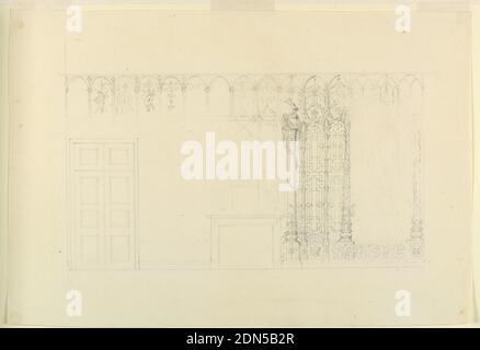 Design per la decorazione della parete per la parete sud della Sala d'ingresso, Royal Pavilion, Brighton, Frederick Crace, inglese, 1779–1859, grafite su carta, rettangolo orizzontale. Design per il Royal Pavilion di Brighton. Elevazione di un muro, con una mensola al centro e una porta a sinistra. Il particolare della decorazione a destra della mensola mostra un disegno dipinto di traliccio e colonne strette con alberi fogliati, e una colonna intrecciata da un drago. Fregio di nicchie sopra contengono trofei disegni., Inghilterra, 1815–22, interni, disegno Foto Stock