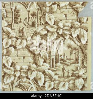 Parete laterale, carta stampata a blocchi, Revival Gotico; struttura di viti che alternano motivi grandi e piccoli. Il motivo grande si alterna tra due figure in un portico, e due figure che indagano un paesaggio con architettura italiana; il motivo più piccolo rappresenta un muro di muratura., Inghilterra, 1840, Wallcoverings, parete laterale Foto Stock