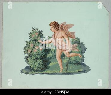 Ornamento, a blocchi stampati su carta fatta a mano, figura di un cupido che corre verso sinistra, in un ambiente di verde., Francia, ca. 1820, Wallcoverings, ornamento Foto Stock