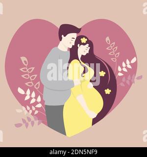 Maternità e famiglia. Donna incinta felice in un vestito giallo la abbraccia con le mani e accanto ad un uomo. Sullo sfondo del cuore con una d Illustrazione Vettoriale