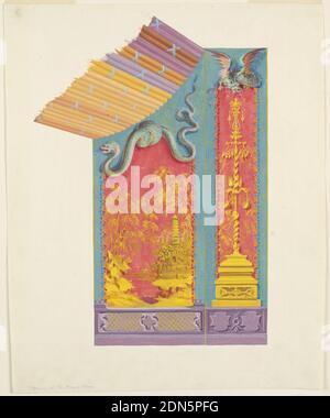 Design per la parete Nord della Sala della Musica, Royal Pavilion, Brighton, Frederick Crace, Inglese, 1779–1859, Brush and gouache su carta bianca in wove, rettangolo verticale. Design per il Royal Pavilion di Brighton. Elevazione di una sezione della parete nord, che mostra due delle grandi pitture murali, quella a sinistra con una scena di pagode e alberi di bambù, terminate in cima da un serpente a spirale in bassorilievo. Un pannello stretto a destra, con un dipinto ornamentale terminato sopra da un drago alato in bassorilievo, l'album originale associato a questa collezione esiste ancora. Foto Stock