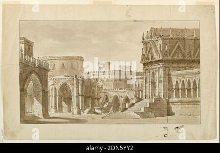 Scenografia, Palazzo Gotico, Chiesa e Fortezza, Angelo Toselli, ca. 1765? – 1826, inchiostro penna e marrone, pennello e marrone lavano su gesso nero su carta wove, bordo rigato in penna e inchiostro nero, rettangolo orizzontale. Piazza, fiancheggiata da edifici, in parte in rovina, alcuni con archi ogivali, edificio a forma di tempio sulla destra, scale che conducono in alto., Italia, ca. 1800, teatro, disegno Foto Stock