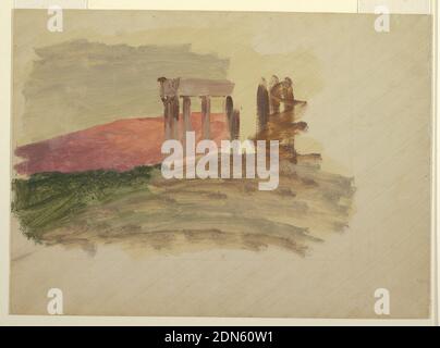 Disegno rapido del Tempio a Corinto, Frederic Edwin Church, americano, 1826–1900, olio su cartone, rettangolo orizzontale. Le rovine mostrate da est di tre colonne abbozzate a destra, due sono colpiti fuori. Il colore cremoso del terreno è mostrato ai margini., USA, 1869, disegno Foto Stock