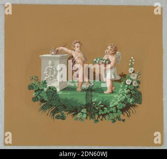 Ornamento, stampato a blocchi su carta fatta a mano, due putti ad un altare; il putto maschio con una torcia, la femmina con un cesto di fiori., Francia, 1815–25, Wallcoverings, Ornament Foto Stock