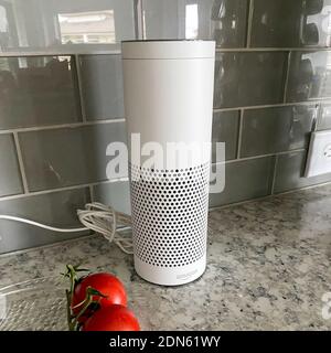 Orlando, FL USA - 6 aprile 2020: Un Amazon Echo in una cucina in una casa intelligente. Foto Stock