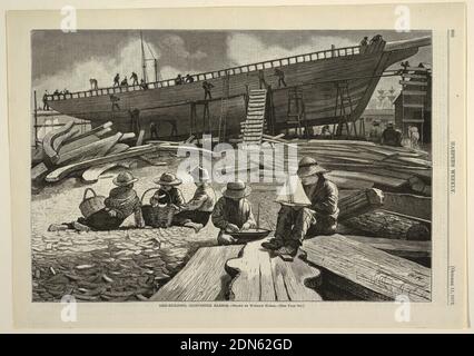 Ship-Building, Gloucester Harbour, di Harper's Weekly, 11 ottobre 1873, pag. 900, Winslow Homer, americano, 1836–1910, incisione del legno in inchiostro nero su carta da giornale, vista orizzontale con una nave in costruzione sullo sfondo e un gruppo di cinque ragazzi, con due modelli di barche a vela e tre ragazzi con due cesti, sullo sfondo. Un ragazzo sta raccogliendo conchiglie in un cesto., 1873, figure, Stampa Foto Stock