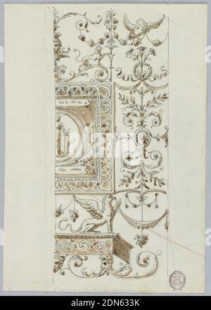 Progetto per una decorazione della parete, grafite, penna e inchiostro, pennello e acquerello, seppia su carta, metà destra del disegno mostrato. Al centro si trova un tondo parziale incorniciato con una figura. Sopra e sotto, un grottesco. A destra, un candelabro., Italia, fine XVIII secolo, ornamento, disegno Foto Stock