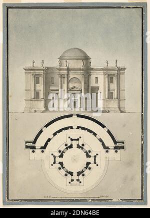 Disegno di un tempio classico con un tempietto e un'edicola semicircolare, penna e pennello e inchiostro nero, lavaggio grigio, acquerello blu e marrone, gesso nero su carta defilata di crema pesante, doppio bordo rigato in penna e pennello e inchiostro nero, tempio circolare a cupola, in pianta e in elevazione, con quattro ali corte e portici sugli assi. Tra le ali due colonne appoggiate su una base alta sostengono un'entablatura al di sopra della quale, ed allineate alle colonne, sono figure in piedi. L'edificio rotondo si trova all'interno di una struttura semicircolare a due piani con colonne doppie abbinate e figure sulla facciata raffigurata Foto Stock