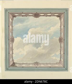 Design a soffitto con balcone in stile Fretwork e Open Sky, possibilmente per Conservatorio/Sala Musica, O Sala da pranzo, Frederick Crace, Inglese, 1779–1859, penna e inchiostro nero, pennello e lavaggio grigio, acquerello su carta spessa bianca in wove, disegno per il soffitto di un compartimento quadrato, costituito dalla rappresentazione dipinta di un cielo nuvoloso circondato da una balaustra vista in prospettiva. Un motivo esagonale usato nel disegno della balaustra, album originale associato a questa collezione esiste ancora. Vedere 1948-40-1 accessory, England, ca. 1820, interni, disegno Foto Stock