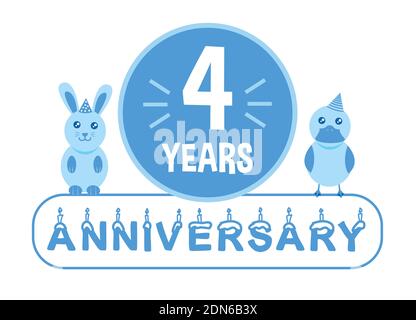 4° compleanno. Banner festeggiamenti di quattro anni con tema blu per bambini. Illustrazione Vettoriale