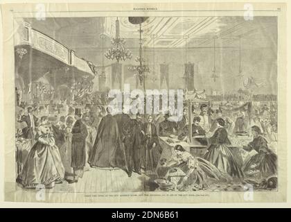 Grande fiera data alla City Assembly Rooms, New York, dicembre 1861, in aiuto di City Poor, da Harper's Weekly, dicembre 28, 1861, pp. 824-825., Winslow Homer, americano, 1836–1910, incisione di legno in inchiostro nero su carta da giornale, Vista orizzontale dell'interno di una grande sala con cabine che espongono merci allestite intorno ad essa (una cabina numerata in basso a destra in primo piano) e gruppi di uomini e donne che si muovono intorno ad essa., New York, New York, USA, 28 dicembre 1861, graphic design, Stampa Foto Stock