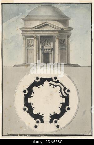 Disegno per un Tempio classico a cupola con Portico, penna e pennello e inchiostro nero, lavaggio nero, acquerello blu e marrone, gesso nero su carta pesante crema, bordo rigato a pennello e inchiostro nero, tempio circolare, cupola in elevazione e in pianta, con portico e frontone triangolare. Portico sostenuto da colonne corinzie che decorano anche l'esterno del tempio. Fregio sopra porta con sirena la cui doppia coda termina in rinceaux design; pannelli su entrambi i lati della porta con rinceaux o pesce rilievo., Italia, ca. 1780, architettura, disegno Foto Stock