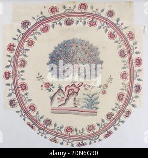 Chintz Fragment, Medium: Cotone tecnica: Tessitura piana dipinta e tinta di mordant, motivo circolare da una copertina o da un palampore. Peacock su un tumulo., India, 18 ° secolo, stampato, tinto e tessuti dipinti, frammento di chintz Foto Stock