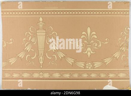 Fregio, stampato a macchina, carta per ingrain, carta ruvida color cacao con friver, iris e ninfea convenzionali, bordi; finitura mica. Realizzato da W. Campbell e Co. No. 2285. Stampato su carta Ingrain., Hackensack, New Jersey, USA, 1890–1900, Wallcoverings, Frieze Foto Stock