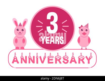 3° compleanno. Banner festeggiamenti di tre anni con tema di animali rosa per bambini. Illustrazione Vettoriale