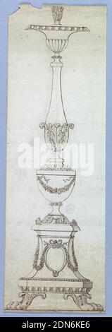 Progetto per un Candelabrum, grafite, penna e inchiostro, pennello e biestre su carta, alla base sono i piedi del leone che terminano in foglie di acanto. La base è ottagonale. Davanti si trova un medaglione ovale con festoni e un nodo di prua. La parte inferiore dell'albero è un'urna in piedi su acanthus. La parte superiore è un baluster che si erge sopra un calice. Sulla parte superiore si trova una ciotola con borchie e una presa., Italia, ca. 1820, metallurgia, disegno Foto Stock