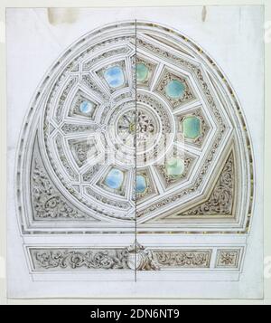 Disegni alternati per il Teatro Comunale di Imola, penna e inchiostro, pennello e acquerello su carta, progettazione di una camera a ferro di cavallo, con pannelli che si aprono per simulare il cielo. La metà destra ha una forma ottagonale. In basso, bracci ducali., Italia, 1851–1856, architettura, disegno Foto Stock