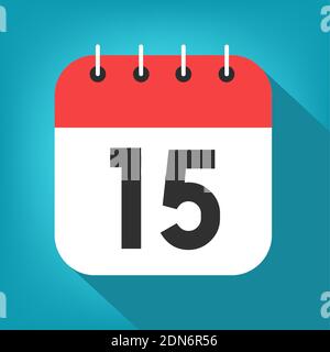 Giorno di calendario 15. Numero quindici su carta bianca con bordo rosso su vettore di sfondo blu. Illustrazione Vettoriale