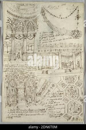 Studi decorativi; verso: Profilo Capi barbari, Felice Giani, Italiano, 1758–1823, lavaggi con penna e inchiostro, pennello e acquerello su grafite su carta deposta, tre studi di setti; studio del soffitto con grottesco; festone. Verso: Due teste barbariche in profilo dall'antico., Italia, 1814–18, disegno grafico, disegno Foto Stock