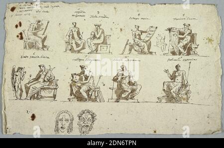 Disegni per dipinti a Montmorency: Le nove Muse e due maschere, Tragedy e Commedia, Felice Giani, Italiano, 1758–1823, penna, inchiostro nero, e grigio/marrone lavaggio su carta grigia ruvida, rettangolo orizzontale. Scritto angolo in alto a sinistra: 'S e Aldini Parisi/ terza camera ossia, sale diptinta/ a Monmorosi/ 4 Gennaio 1813.' Donne, seduti. Riga in alto a sinistra: Cronologia mostrata nel profilo rivolta verso destra e scrittura su un tablet. Una tromba si appoggia contro lo sgabello. Scritto in alto: 'l/ clio storia.' Centro sinistro: Tragedia che tiene una maschera e una spada. Scritto in alto: '2/ tragedia/ melpomene' e '3/ Talia comedia Foto Stock