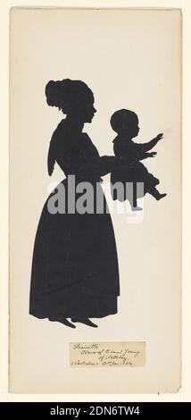 Portrait in Silhouette, Augustin-Amant-Constance Fidele Edouart, French, active England and USA, 1789 - 1861, Scissor-cut black paper on white paper, Full-length figure, facing right, of a woman holding in outstretched hands an infant, also facing right., United States, 1839-1849, Silhouette, Silhouette Stock Photo