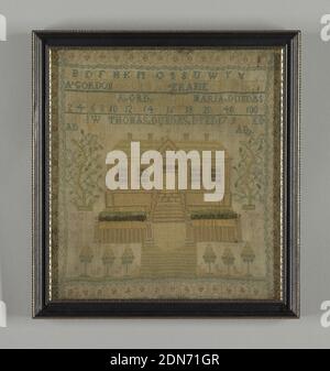 Campionatore, Medium: Ricamo di seta su fondazioni di lino tecnica: Ricamo a punto croce su tessitura piana, Registro dei membri della famiglia Dundas lavorato a punto croce nero nella terza parte superiore; una grande casa con giardini sotto, fiancheggiata da alberi fioriti; bordo di vite stilizzato., Inghilterra, 1774, ricamo e cucito, Sampler Foto Stock