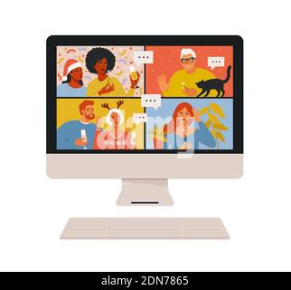 Concetto di videoconferenza e comunicazione web. Riunione di squadra online. L'uomo sorridente e le donne lavorano a distanza e hanno una discussione virtuale di Natale. Ve Illustrazione Vettoriale
